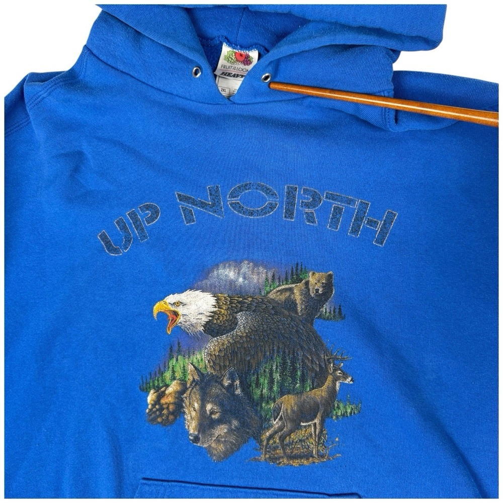 Vintage Fruit of the Loom Mens Wildlife Graphic Hoodie Size 2XL Blue Y2K Outdoor - Picture 14 of 16